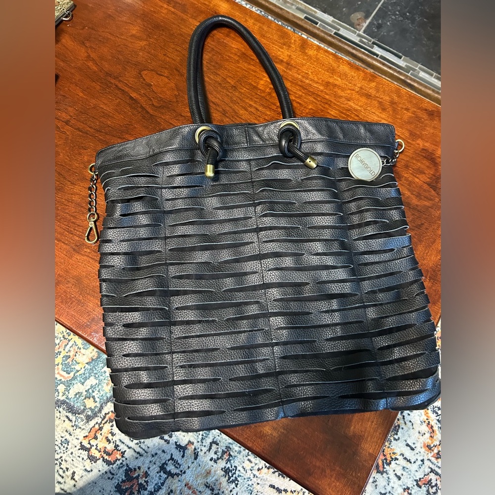 RomyGold Black Leather slash Tote
